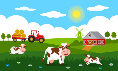Obraz na płótnie Canvas Cute cows and funny calves graze on green grass against the backdrop of a rural summer landscape, farm, mill and red tractor with a trailer.