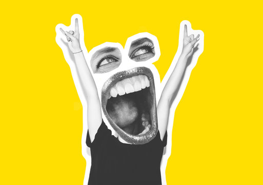 Stylish fashion blonde with short hair colorful collage. Crazy girl in a black t-shirt and rock sunglasses scream holding her head. Rocky emotional woman. white toned. yellow background, not isolated