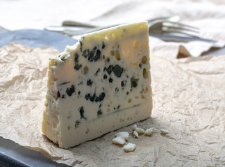 French blue cheese Roquefort, made from sheep milk in caves of Roquefort-sur-Soulzon