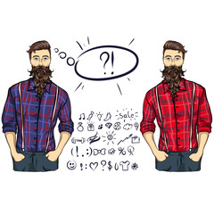 Collection of signs, icons. Speaking lumberman.  Worker style.