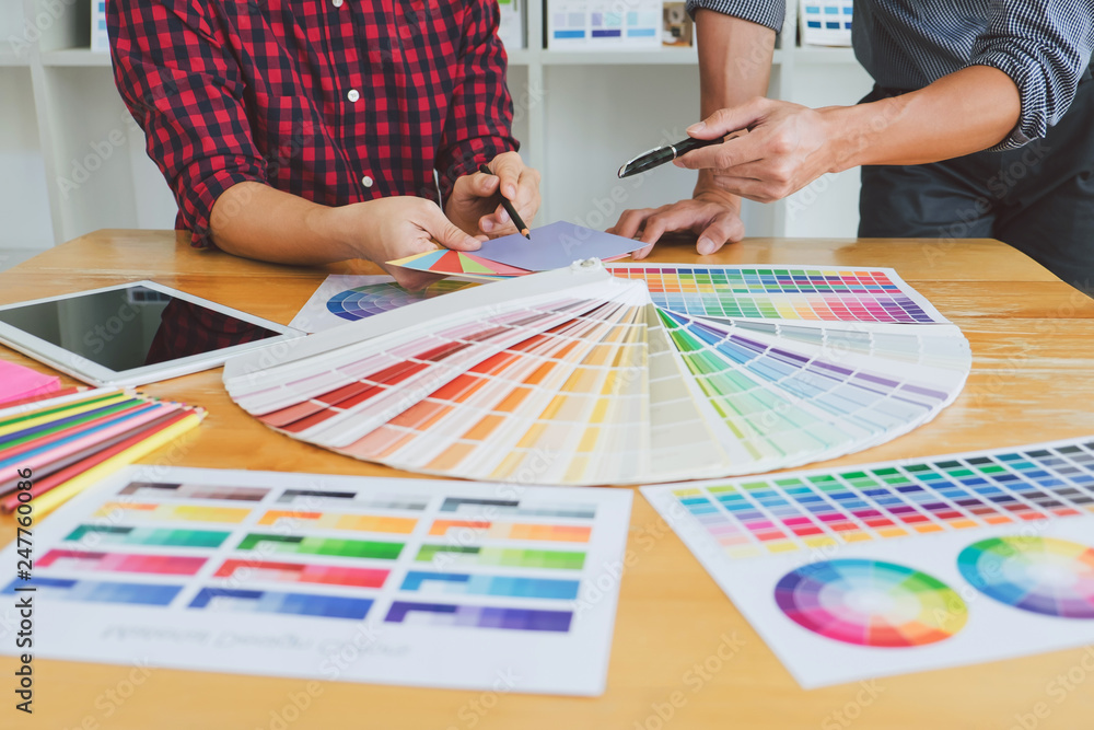 Poster team of creative graphic designer meeting working on new project, choose selection color and drawing