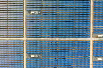 Aerial top view of Solar Panels Farm. Alternative energy, clean energy.