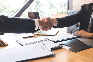 Successful job interview with boss and employee shaking hands after negotiation or interview, career and placement concept