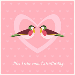 Happy Valentines Day Card with two Birds in Heart. Small Hearts Pattern on Background. Text in German: Alles Liebe zum Valentinstag as Happy Valentines Day. Vector Illustration.