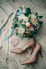 women's shoes, perfume, wedding bouquet