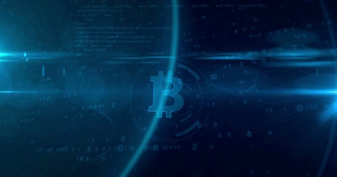 Bitcoin logo abstract concept. Looping tunnel abstract animation of cryptocurrency mining icon on digital background. 