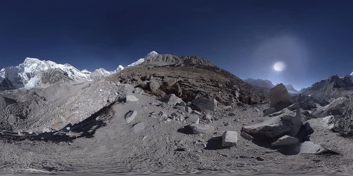 360 vr of the Everest Base camp at Khumbu glacier. Khumbu valley, Sagarmatha national park, Nepal of the Himalayas. EBC track route near Gorak Shep.