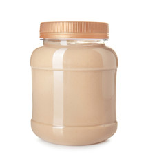 Jar of tasty tahini on white background