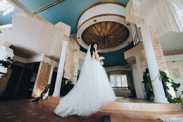 Beautiful bride in a long white dress is enjoying herself. Portrait of a cute brunette in a chic interior. Wedding photography. Morning of the bride.