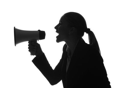 Silhouette Of Beautiful Businesswoman With Megaphone On White Background