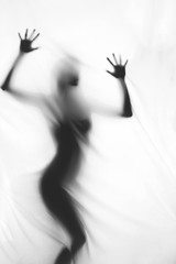 Silhouette of beautiful sexy woman behind curtain on white background
