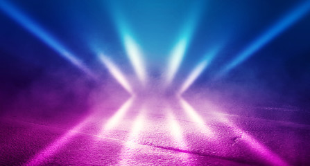 Background of empty room with concrete pavement. Blue and pink neon light. Smoke, fog, wet asphalt...