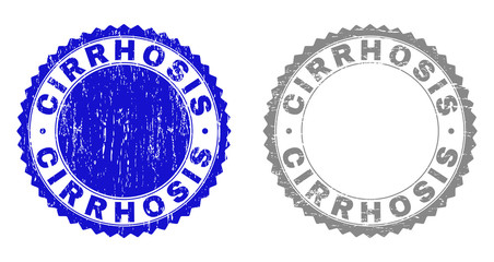 Grunge CIRRHOSIS watermarks isolated on a white background. Rosette seals with grunge texture in blue and grey colors. Vector rubber stamp imprint of CIRRHOSIS label inside round rosette.