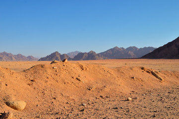 low mountains in the desert area, lit by the morning sun