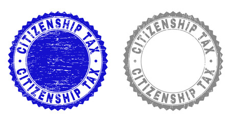 Grunge CITIZENSHIP TAX stamp seals isolated on a white background. Rosette seals with grunge texture in blue and grey colors. Vector rubber stamp imprint of CITIZENSHIP TAX tag inside round rosette.