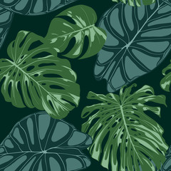 Vector Tropic Seamless Pattern. Philodendron and Alocasia Leaves. Hand Drawn Jungle Foliage in Watercolor Style. Exotic Background. Seamless Tropic Leaf for Textile, Cloth, Fabric, Decoration, Paper.
