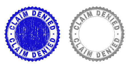 Grunge CLAIM DENIED stamp seals isolated on a white background. Rosette seals with grunge texture in blue and gray colors. Vector rubber stamp imitation of CLAIM DENIED title inside round rosette.