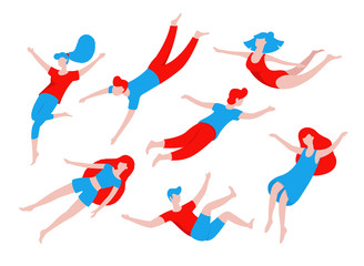Collection of people flying, dreaming, concept illustration in flat design. Various people, men and women in creative poses isolated on white background. Colorful vector illustration in cartoon style.
