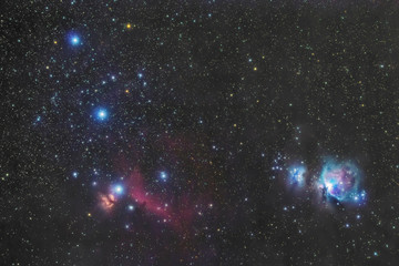 Orion's belt in the winter sky, stars Alnitak, Alnilam, Mintaka, Horsehead Nebula, Orion Nebula