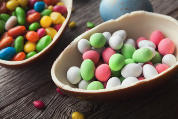 Chocolate eggs filled with colorful candies