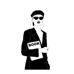 Beautiful woman holding paper coffee cup. Fashion woman in sunglasses. Hand drawn vector illustration of a girl in trendy clothes. Monochrome drawing. 