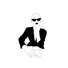 Hand drawn vector of a fashion hipster girl with sunglasses and holding cup of tea or coffee