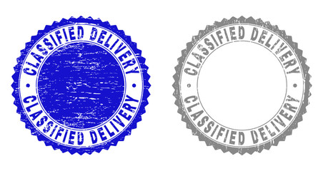 Grunge CLASSIFIED DELIVERY stamp seals isolated on a white background. Rosette seals with grunge texture in blue and gray colors.