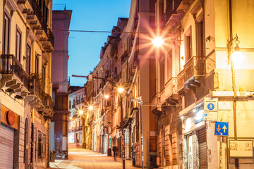 morning streets with lanterns and cafes in Cagliari Italy