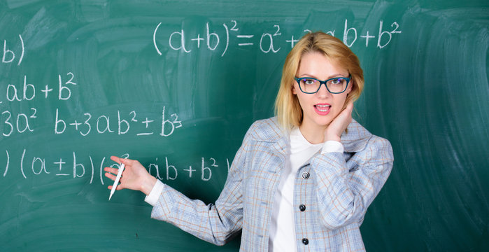 Improving myself through education. Home schooling. happy woman. Back to school. Teachers day. teacher on school lesson at blackboard. woman in classroom. Study and education. Modern school