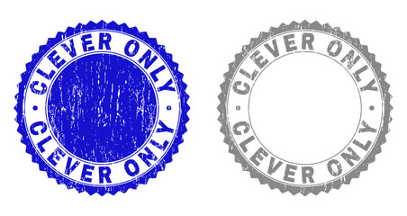 Grunge CLEVER ONLY stamp seals isolated on a white background. Rosette seals with grunge texture in blue and gray colors. Vector rubber stamp imitation of CLEVER ONLY tag inside round rosette.