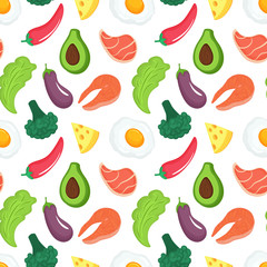 Keto diet seamless pattern. Ketogenic food with organic vegetables, meat and fish. Low carb nutrition. Paleo protein and fat.