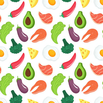 Keto diet seamless pattern. Ketogenic food with organic vegetables, meat and fish. Low carb nutrition. Paleo protein and fat.
