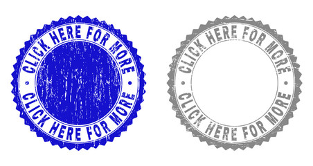 Grunge CLICK HERE FOR MORE stamp seals isolated on a white background. Rosette seals with distress texture in blue and gray colors.