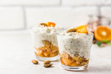 Overnight oats with citrus jam. Selective focus, space for text.