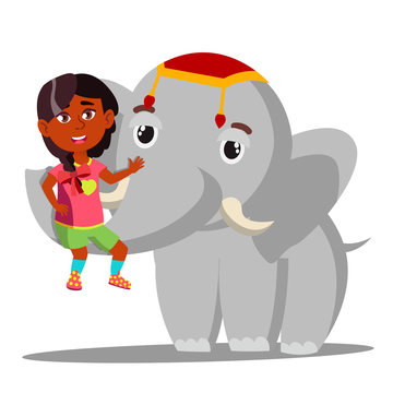 Elephant Holds A Little Indian Girl On Trunk Vector. Isolated Illustration