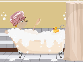Hedgehog in bathtub. Relax bathroom interior with vintage bath and soap foam bubbles. Vector illustration.