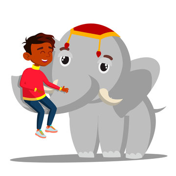 Elephant Holds A Indian Boy On Trunk Vector. Isolated Illustration