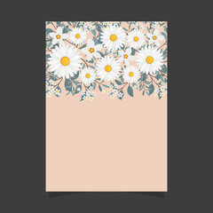 Common size of floral greeting card and invitation template for wedding or birthday anniversary, Vector shape of text box label and frame, Chamomile flowers wreath ivy style with branch and leaves.