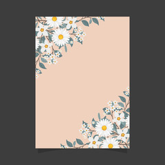 Common size of floral greeting card and invitation template for wedding or birthday anniversary, Vector shape of text box label and frame, Chamomile flowers wreath ivy style with branch and leaves.