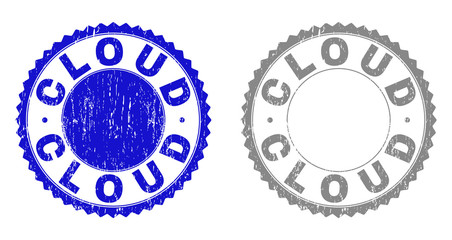 Grunge CLOUD stamp seals isolated on a white background. Rosette seals with grunge texture in blue and gray colors. Vector rubber stamp imitation of CLOUD text inside round rosette.