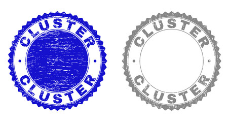 Grunge CLUSTER stamp seals isolated on a white background. Rosette seals with distress texture in blue and gray colors. Vector rubber watermark of CLUSTER tag inside round rosette.
