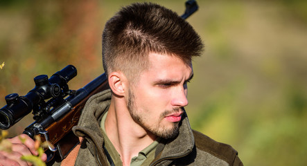 Army forces. Camouflage. Military uniform fashion. Bearded man hunter. Hunting skills and weapon...