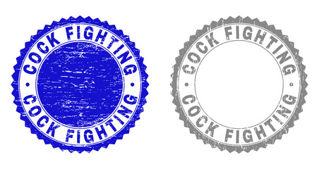 Grunge COCK FIGHTING stamp seals isolated on a white background. Rosette seals with grunge texture in blue and grey colors. Vector rubber stamp imitation of COCK FIGHTING label inside round rosette.