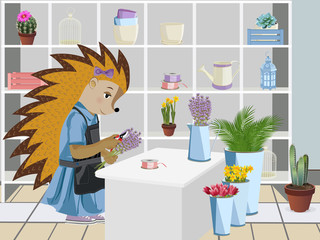 Hedgehog florist. Vector illustration. Isolated on a white background.