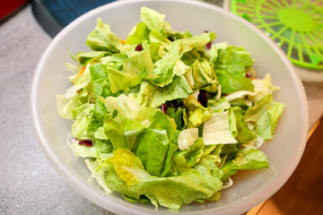 Prepared and sliced fresh green salad in a big gray plastic bowl ready to use and tasting in kitchen, close up. Healthy organic meal, fried mixed vegetables, food cooking, vegetarian concept.
