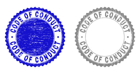 Grunge CODE OF CONDUCT stamp seals isolated on a white background. Rosette seals with distress texture in blue and grey colors.