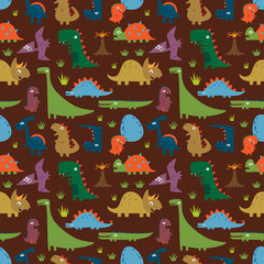Seamless pattern with Cartoon funny dinosaurs