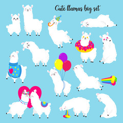Collection of cute vector llamas. Set of stickers, patches. Doodle illustration. Template for cards, textiles, advertising, web design. © yepifanovahelen
