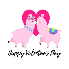 Fototapeta premium Vector cartoon card. Sweet llama. Doodle illustration. Template, background for print, design. Romantic greetings Happy Valentine s Day