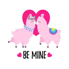 Vector cartoon card. Sweet llama. Doodle illustration. Template, background for print, design. Romantic greetings Happy Valentine s Day